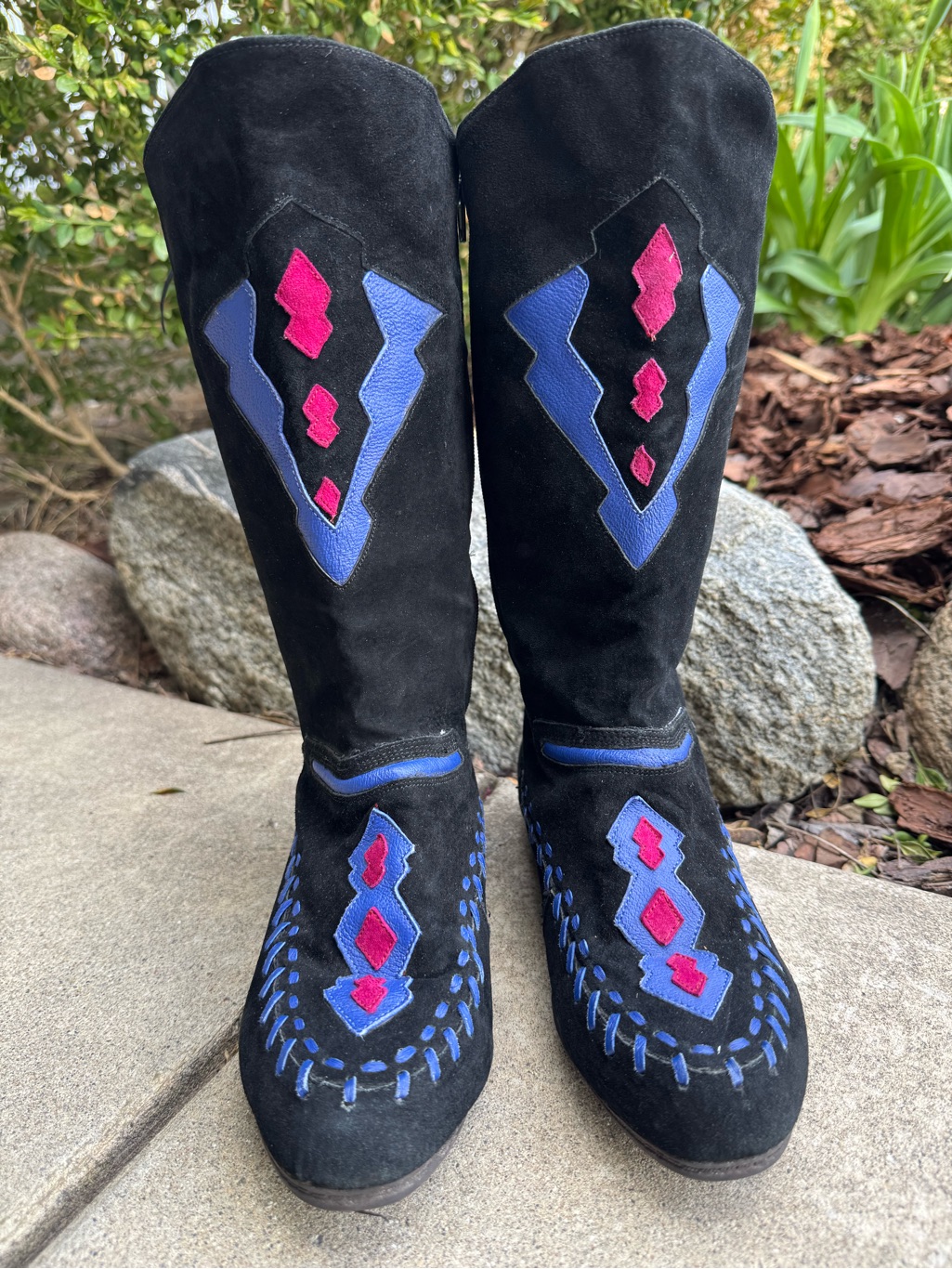 Black Suede Knee Boots W Blue Pink Leather Embroidery Boho Cowgirl Western 7.5